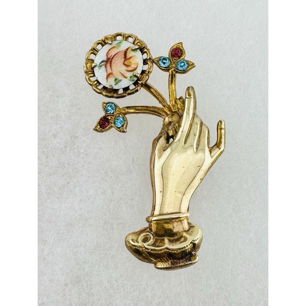 Coro 10k Gold Plated Hand Holding Flower Enamel And Rhinestone Brooch Signed